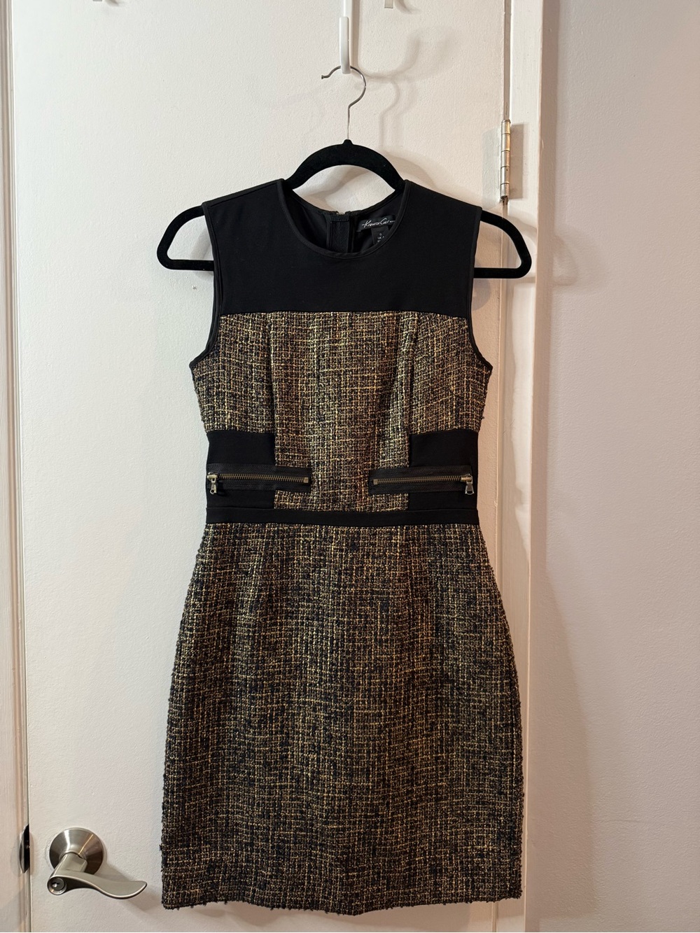 Kenneth Cole Black and Gold Tweed Sheath Dress